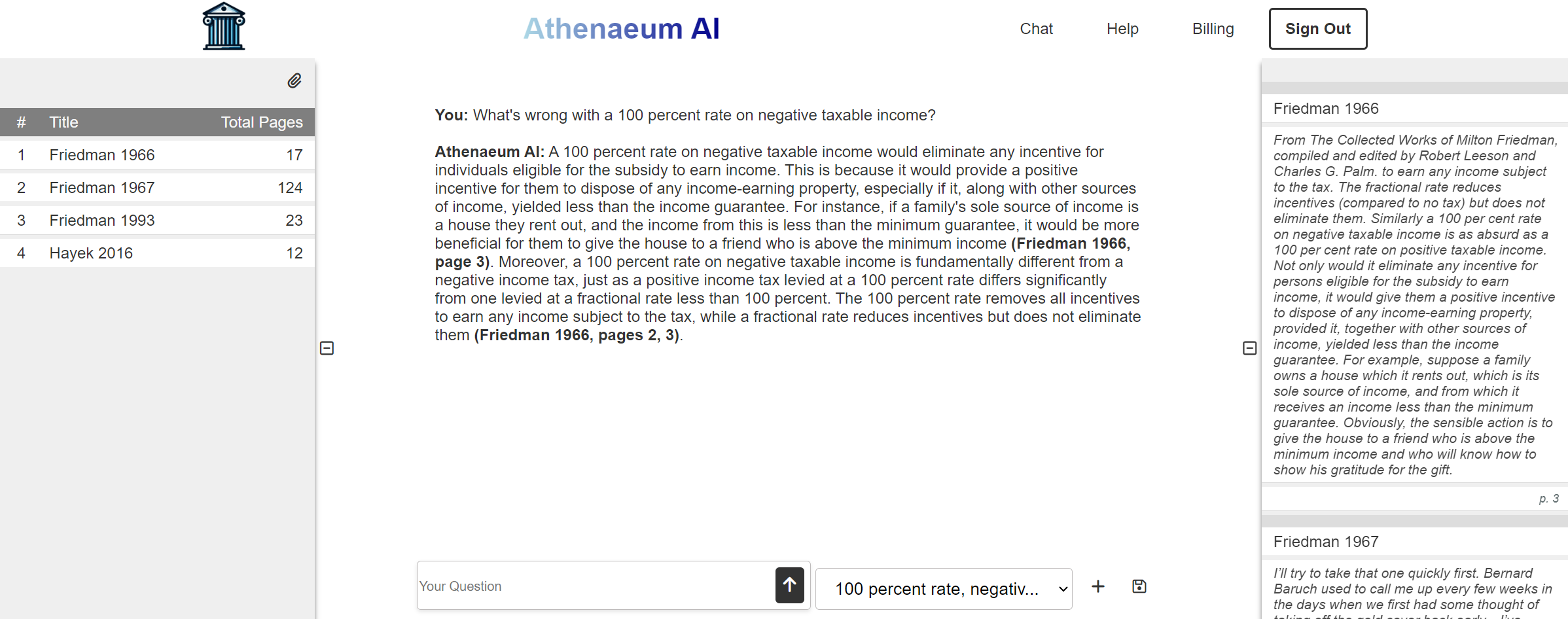 a picture displaying the list of files loaded in athenaeum, with total page counts in the hundreds, a sample question and answer with page-level referencing, and a sidebar for viewing relevant excerpts